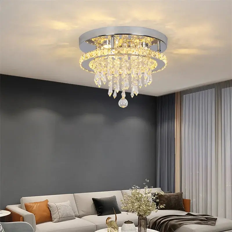 Round Crystal Raindrop LED Flush-Mount Chandelier