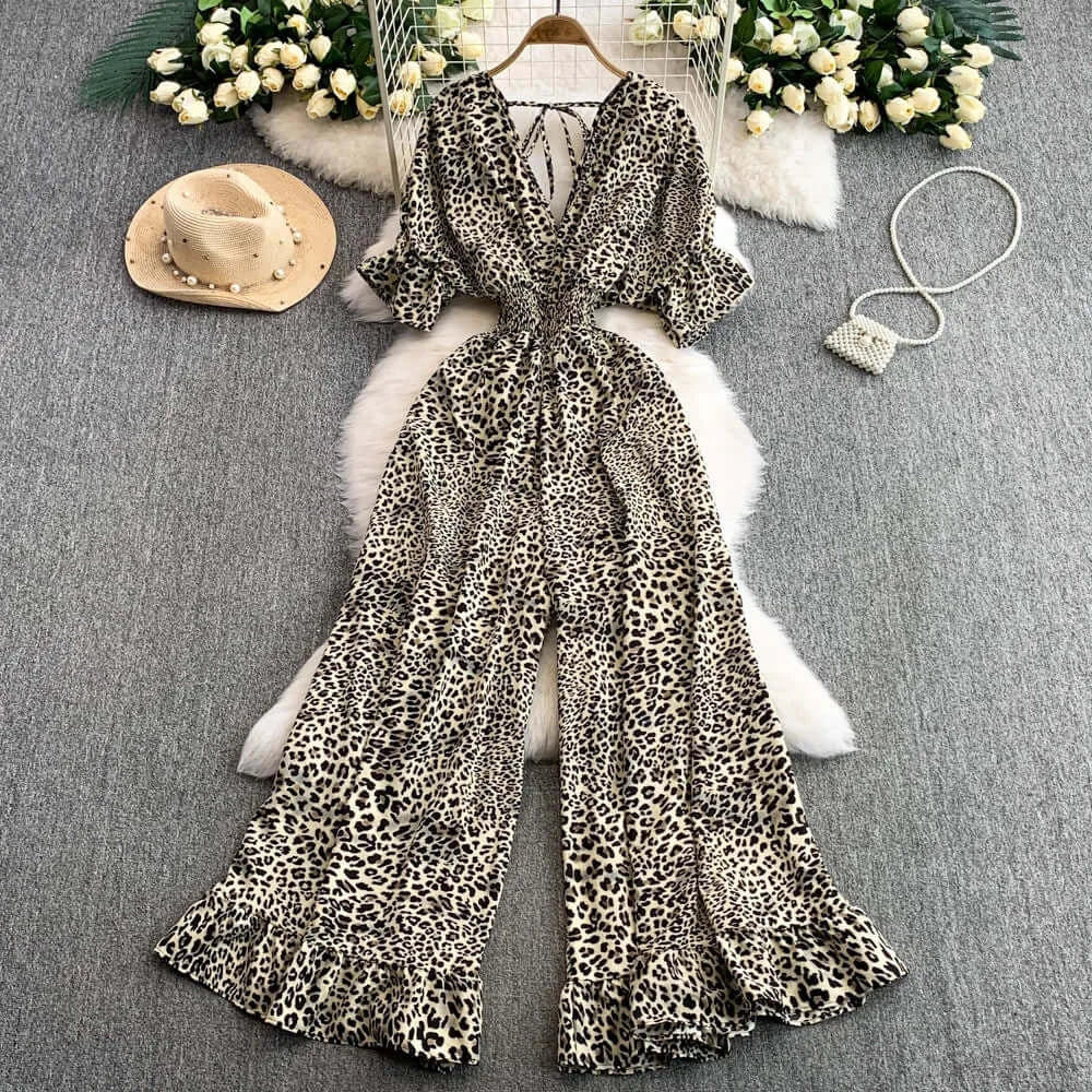 Elegant V-Neck Leopard Print Jumpsuit for Summer