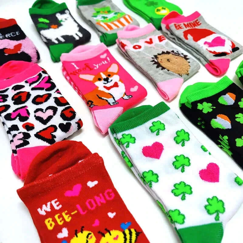 Valentine Day Women Socks Funny Cartoon Socks Four Leaf Clover Corgi Dog Letter Cute Love Dinosaur Anniversary Present Gifts