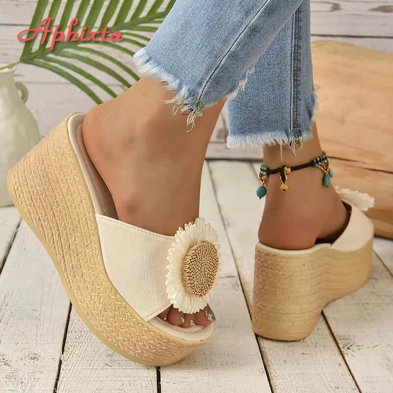 Aphixta Beige Summer 9cm Wedge Heels Slippers Women Bohemian Sunflower