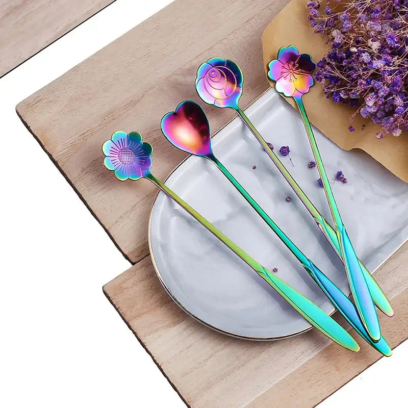 4 pcs Set Stainless Steel Small Flower Spoons Teaspoons Coffee Spoons Ice Cream Dessert Spoons Household Kitchen Utensils