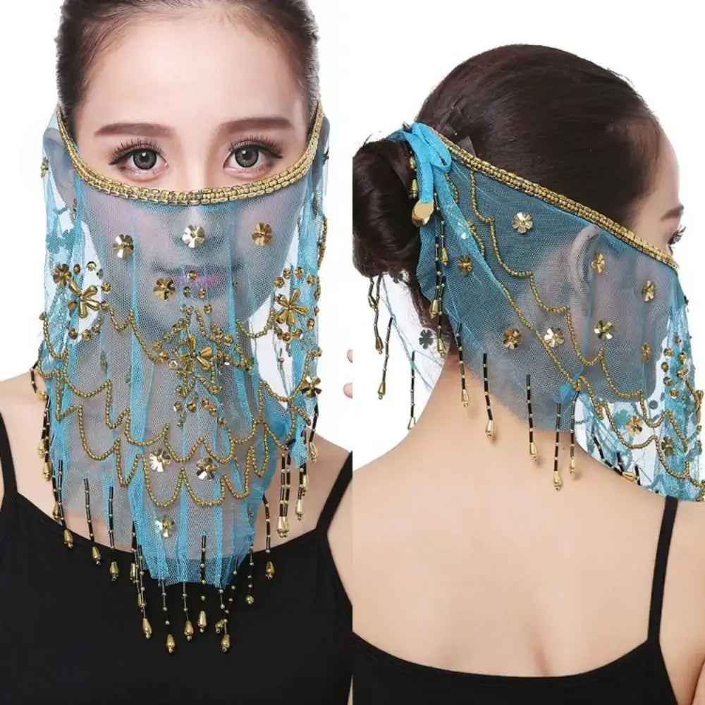 Lake Blue Color with Beaded Masquerade Party Belly Dancing Veils Face Veil Costumes Mesh Face Veil Indian Belly Dance Veil