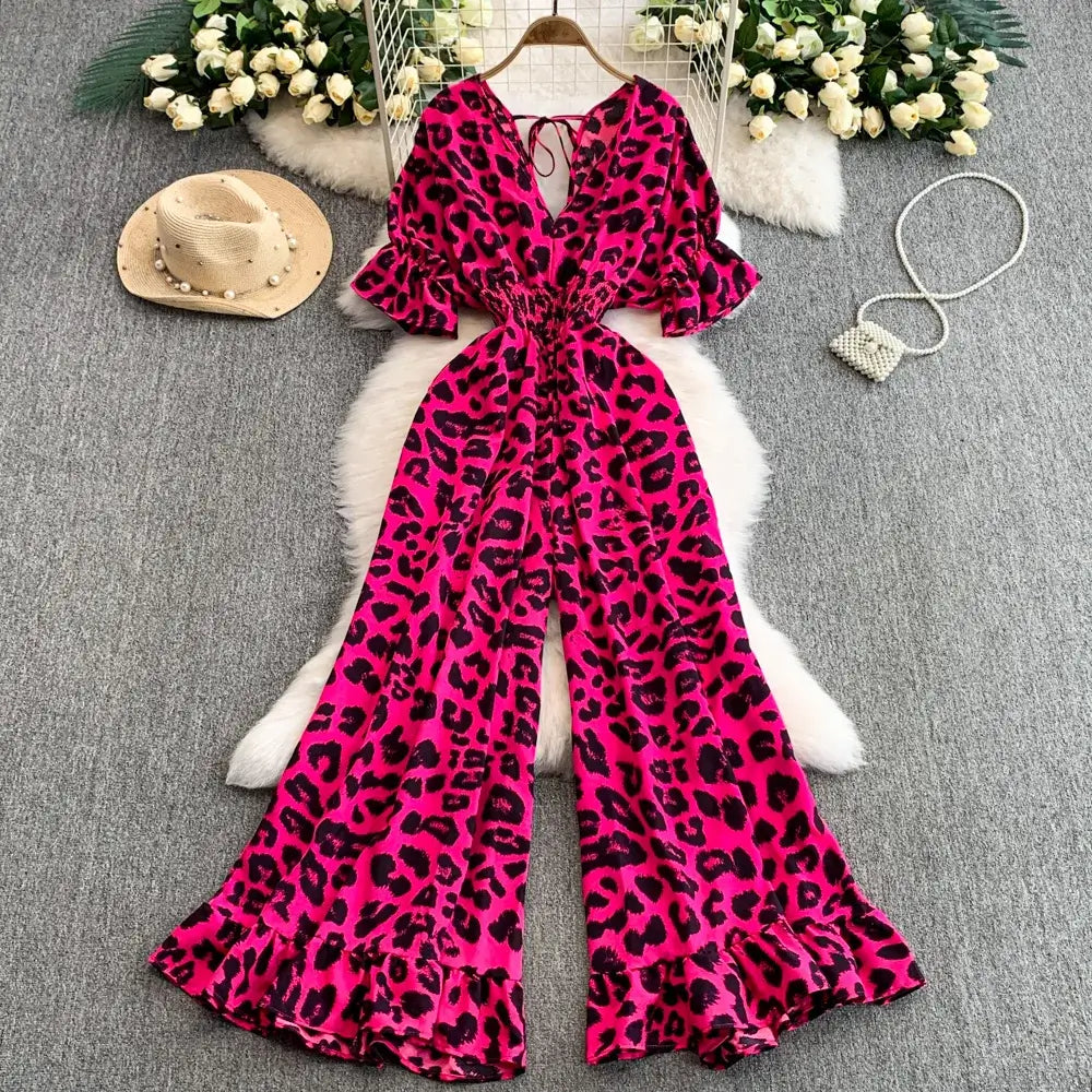 Elegant V-Neck Leopard Print Jumpsuit for Summer