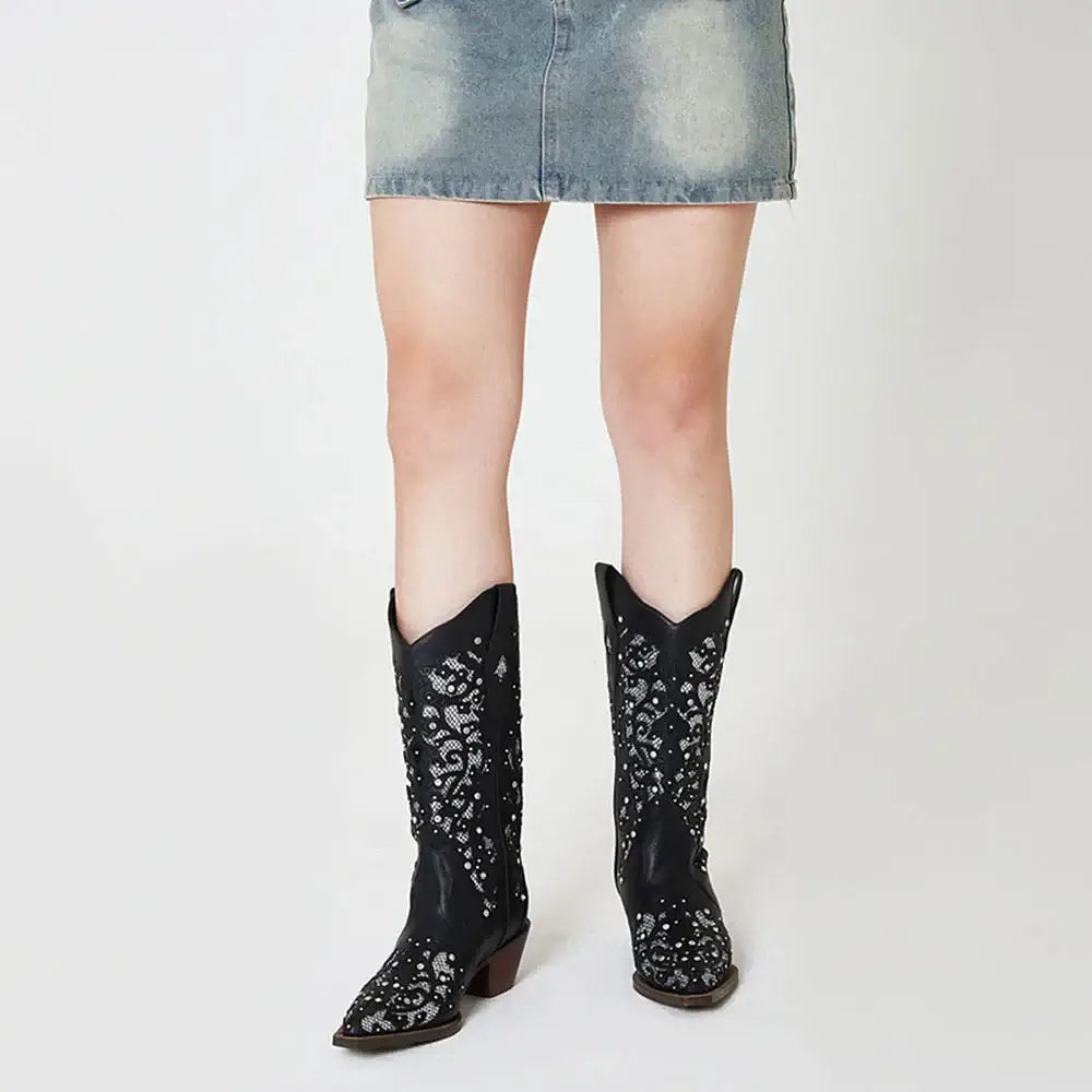 GIGIFOX Cowgirl Rhinestone Western Mid-Calf Boots For Woman Block Mid Heel Pull-On Pointed Toe Hollow Out Retro Cowboy Boots