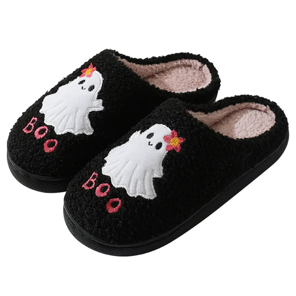 Halloween Ghost Plush Slippers Flat Thermal Slippers Comfortable Soft Furry Slipper Anti Slip Fuzzy Ghost Slippers for Men Women