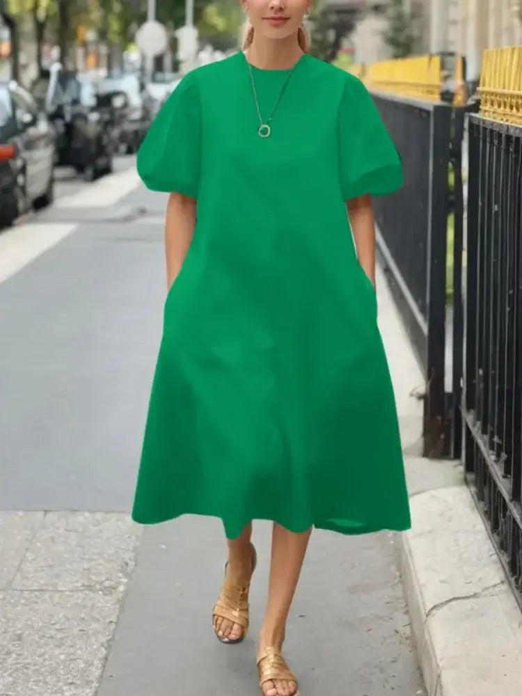 Women Summer Casual Dress 2025 New Trendy Round-neck Green Black Simple Short Sleeves A-line Mini Dresses for Woman