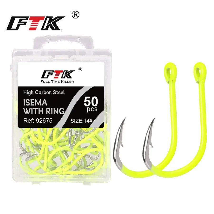 FTK 50PCS Sharp High-carbon Steel Fishhooks Barbed Fluorescent Fishing