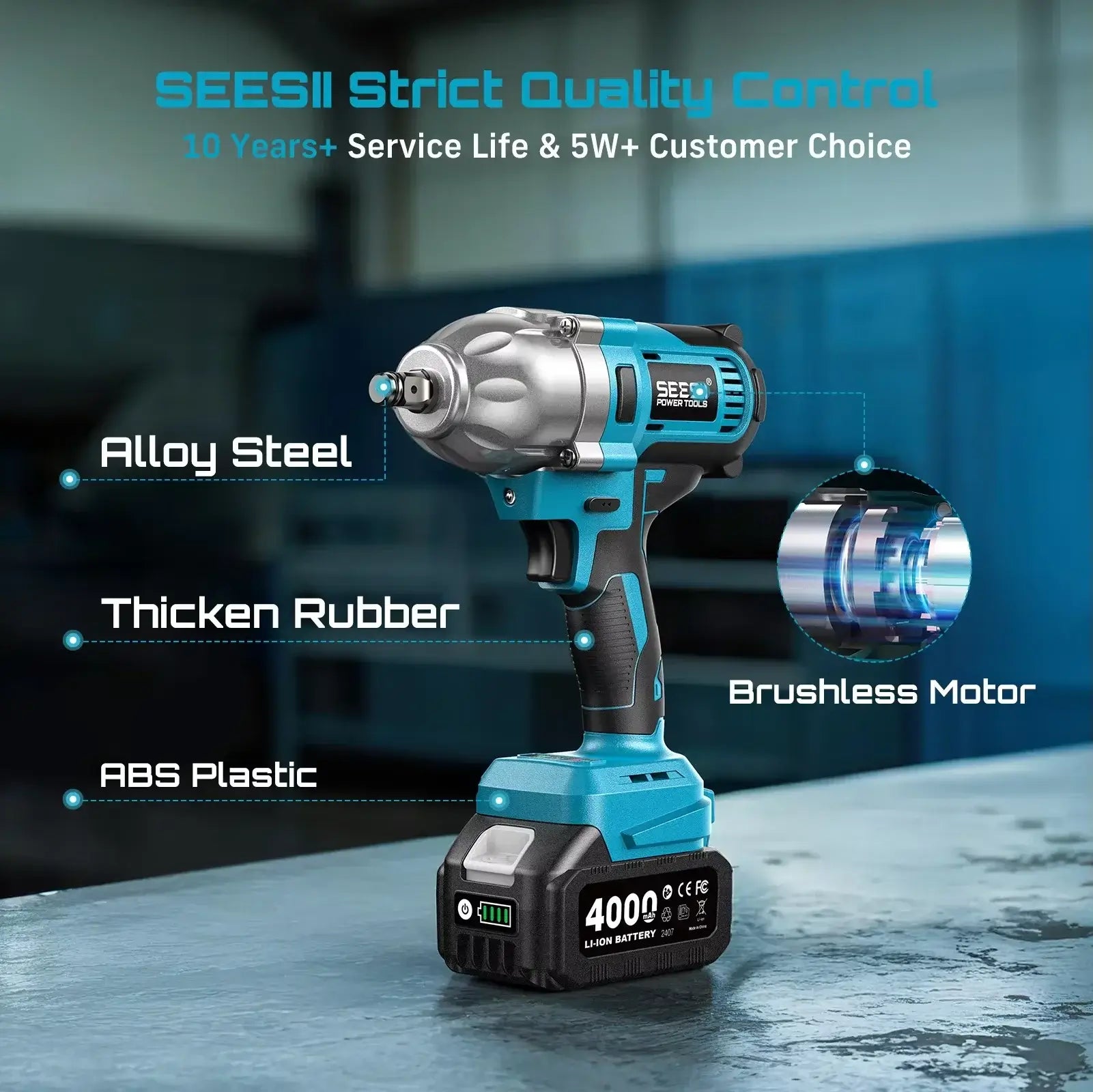 Seesii Real 1200N.m Electric Impact Wrench Brushless 1/2" High Torque Handheld Cordless Impact Gun Tool Kit LED Light 6 Socket