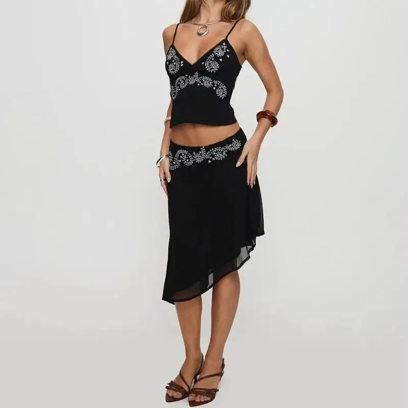 Women 2 Piece Skirt Outfit Boho Floral Spaghetti Strap Backless Tie Up Cami Crop Top Irregular Hem Midi Skirt Holiday Beachwear
