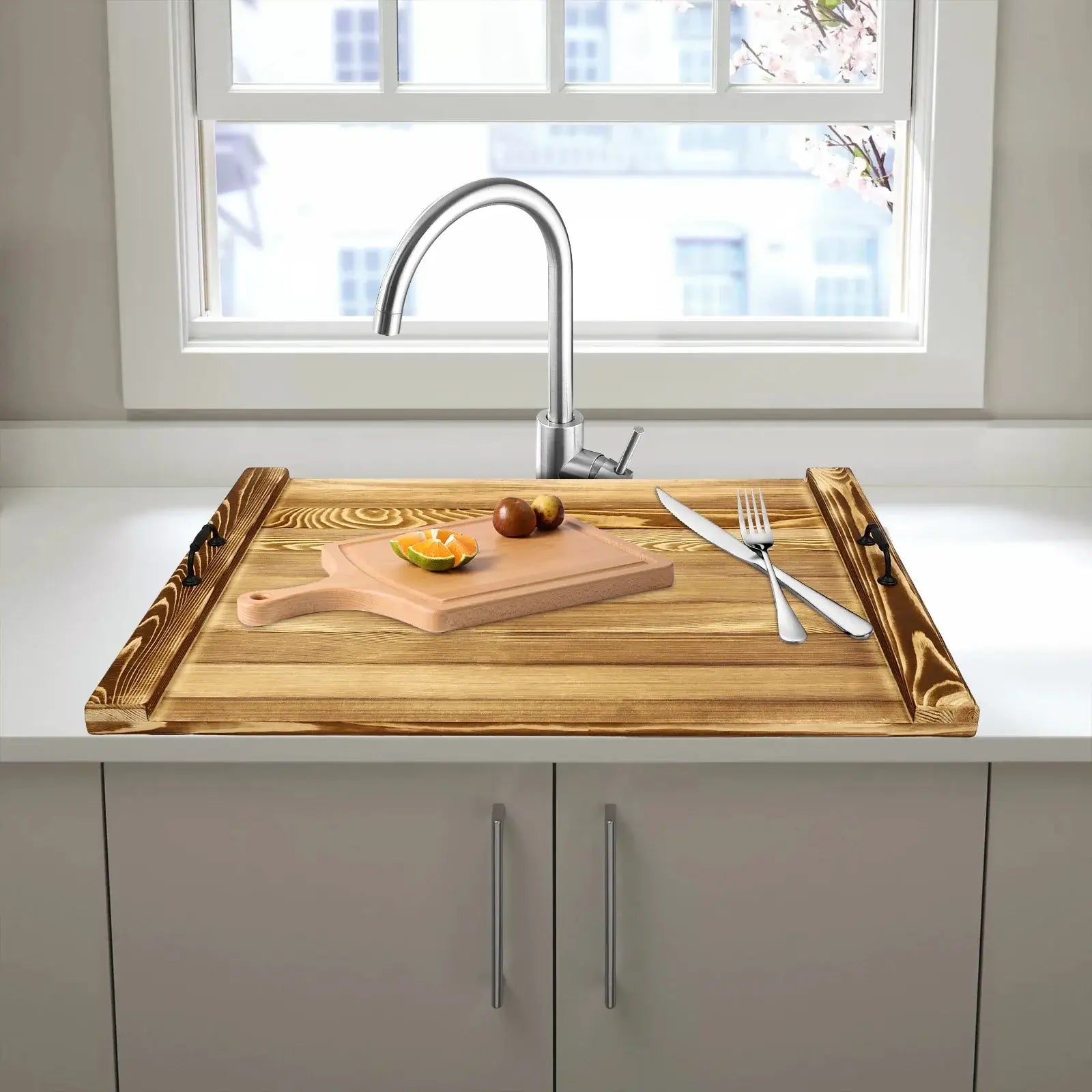 Bymaocar Pine Rectangular Cutting Board 30*22*1.2 in, Catering Service Tray, Stove or Sink Cover W/ Handle for Kitchen & Camping