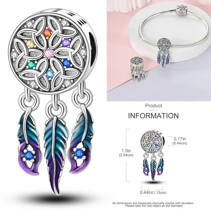 Hot Dream Catcher Feather 925 Sterling Silver Purple Colorful Moon Dreamy Blue Charm Original Fits Women DIY Jewelry Girl Charms