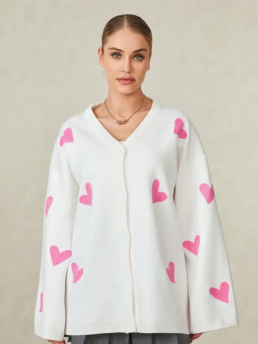 Women s Autumn Loose Knit Cardigan Heart Embroidery Long Sleeve V-Neck Sweater Button Down Jacket