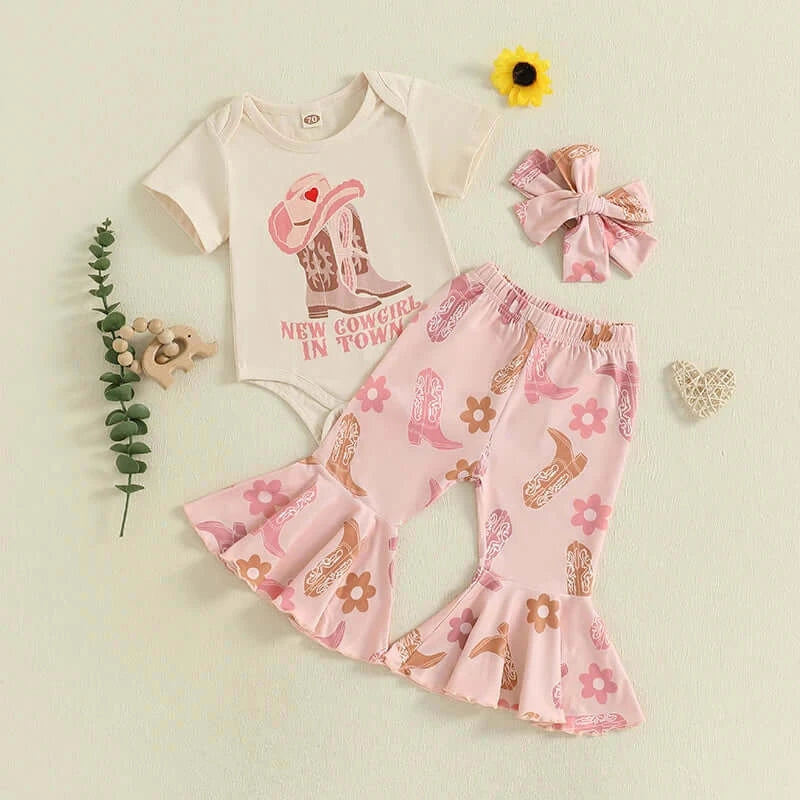 Adorable Infant Cowgirl Ensemble Ruffled Romper Cowboy Boots and Matching Bandana Headband - 3 Piece Set
