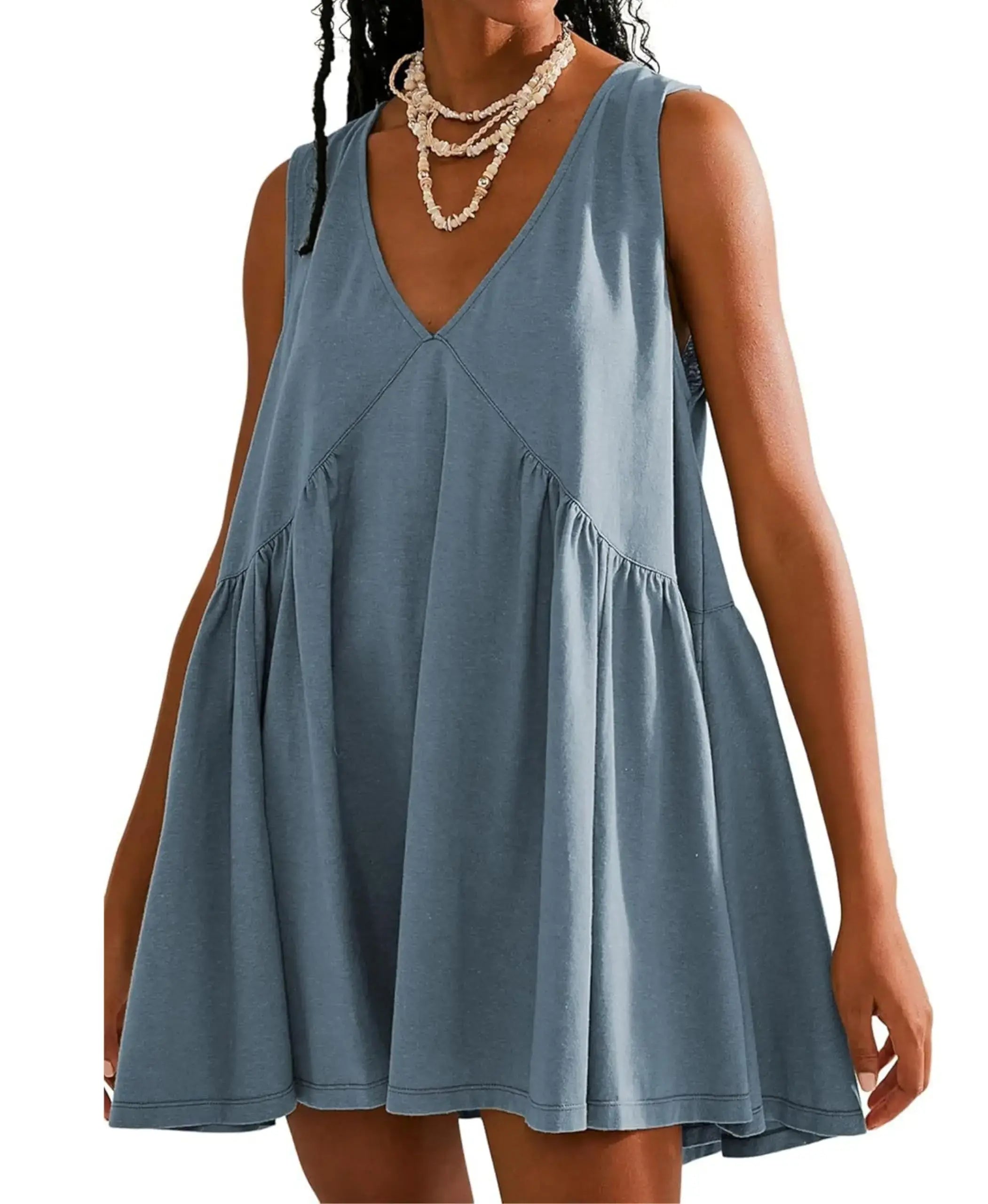 Women Summer Flowy Ruffle Babydoll Short Dresses Sleeveless Pleated Dress Beach Vocation Peplum Dress