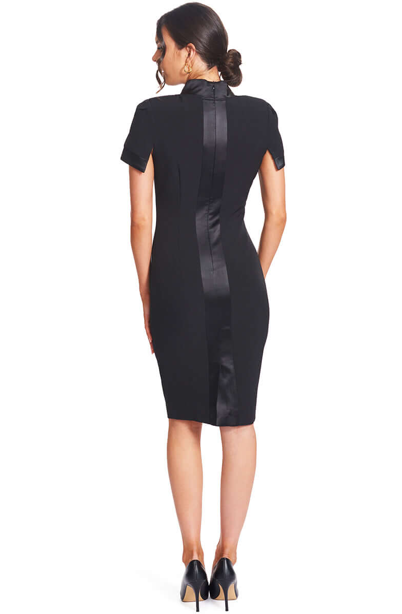 Top Notch Dress - Short Sleeve Notch Neck Black Midi Dress with Satin