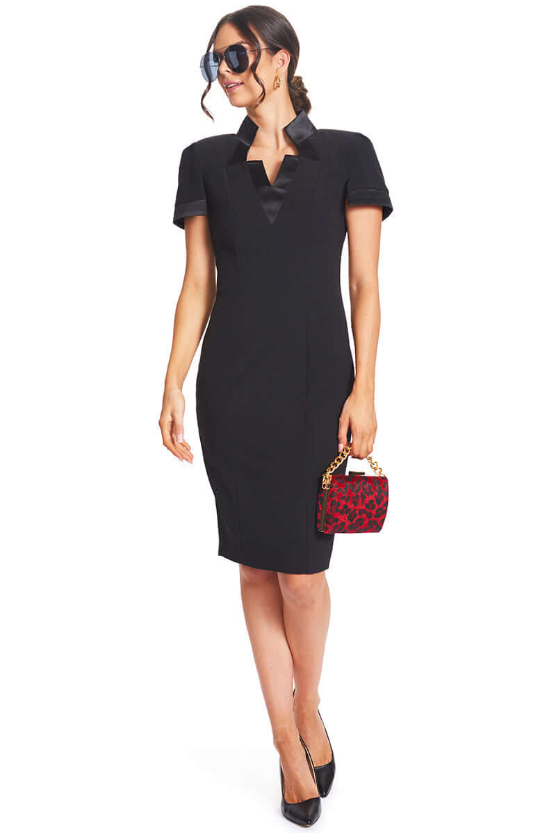 Top Notch Dress - Short Sleeve Notch Neck Black Midi Dress with Satin