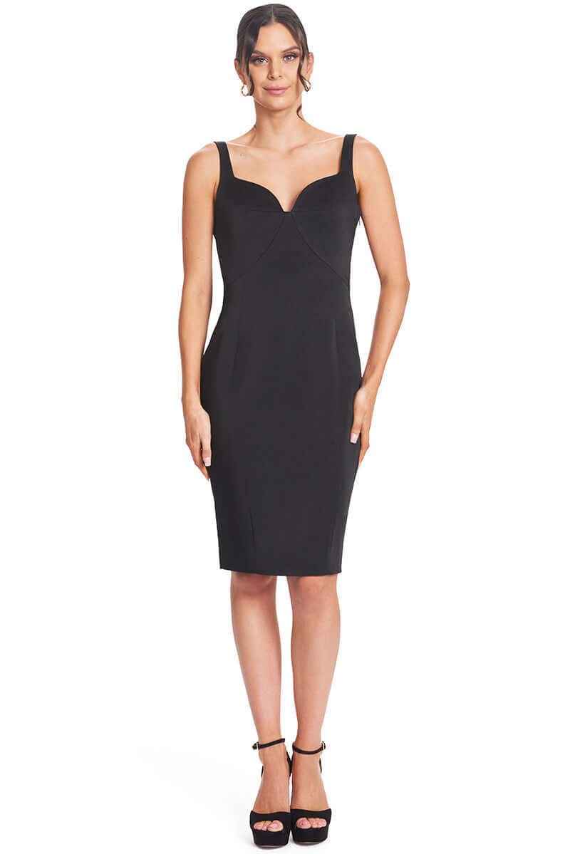 Homa Bow Back Dress - Black Satin Midi Dress with Sweetheart Neckline