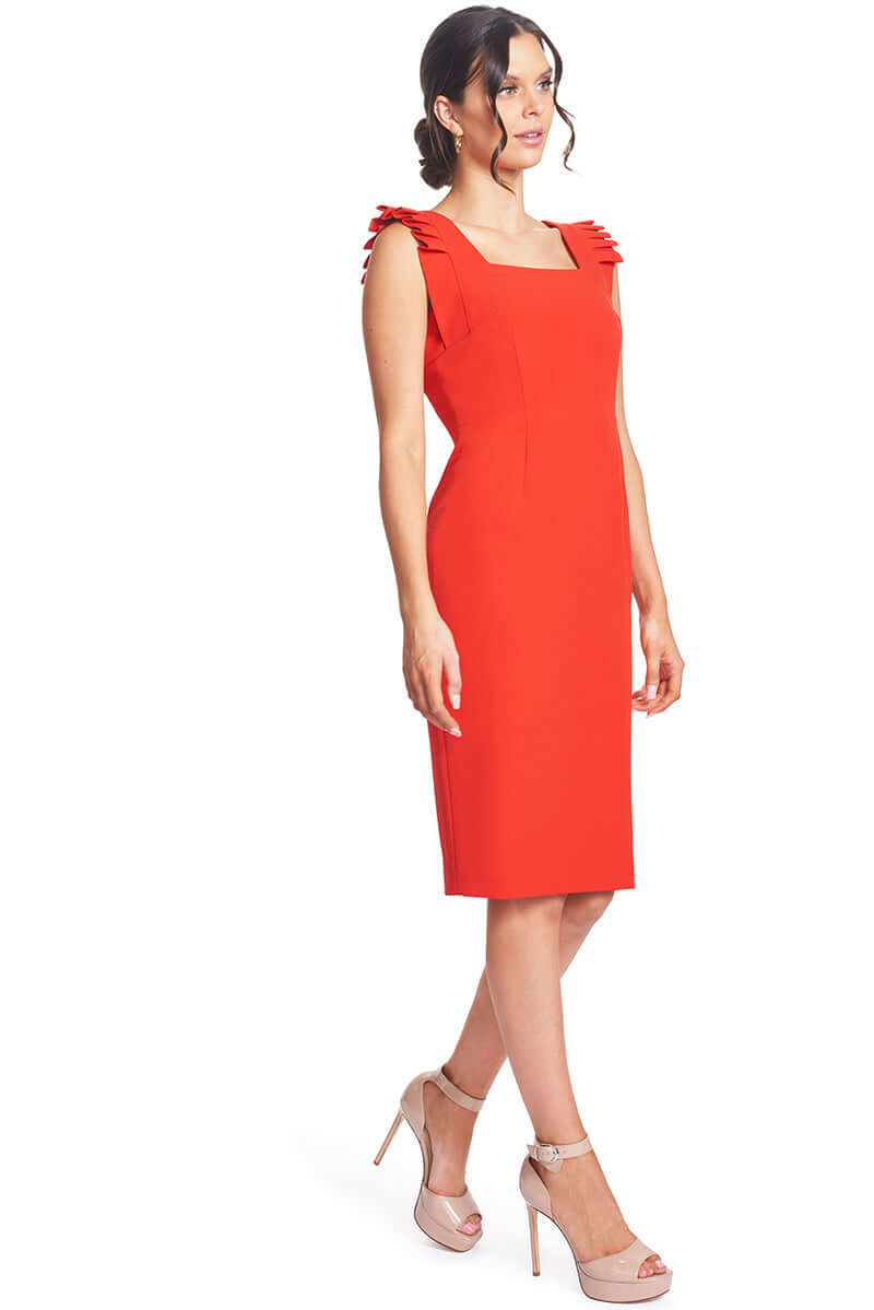 Monarch Dress - Red Midi Sheath Dress with Pleated Shoulder Detail &