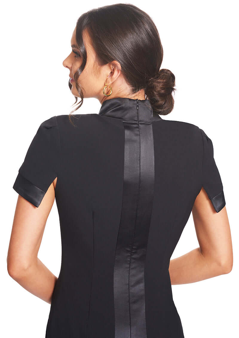 Top Notch Dress - Short Sleeve Notch Neck Black Midi Dress with Satin