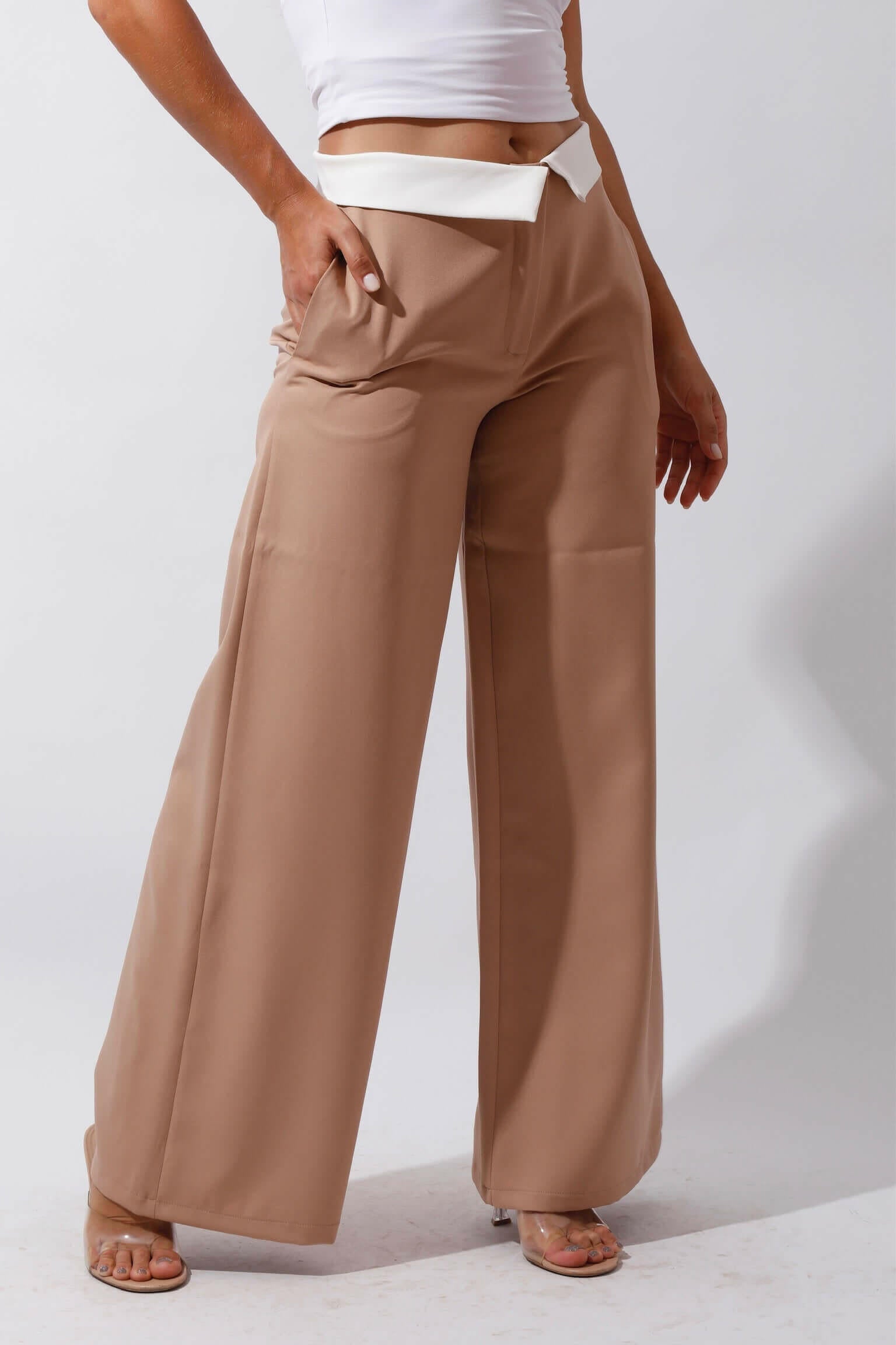 Reversed Waistband Wide Leg Pants - Beige