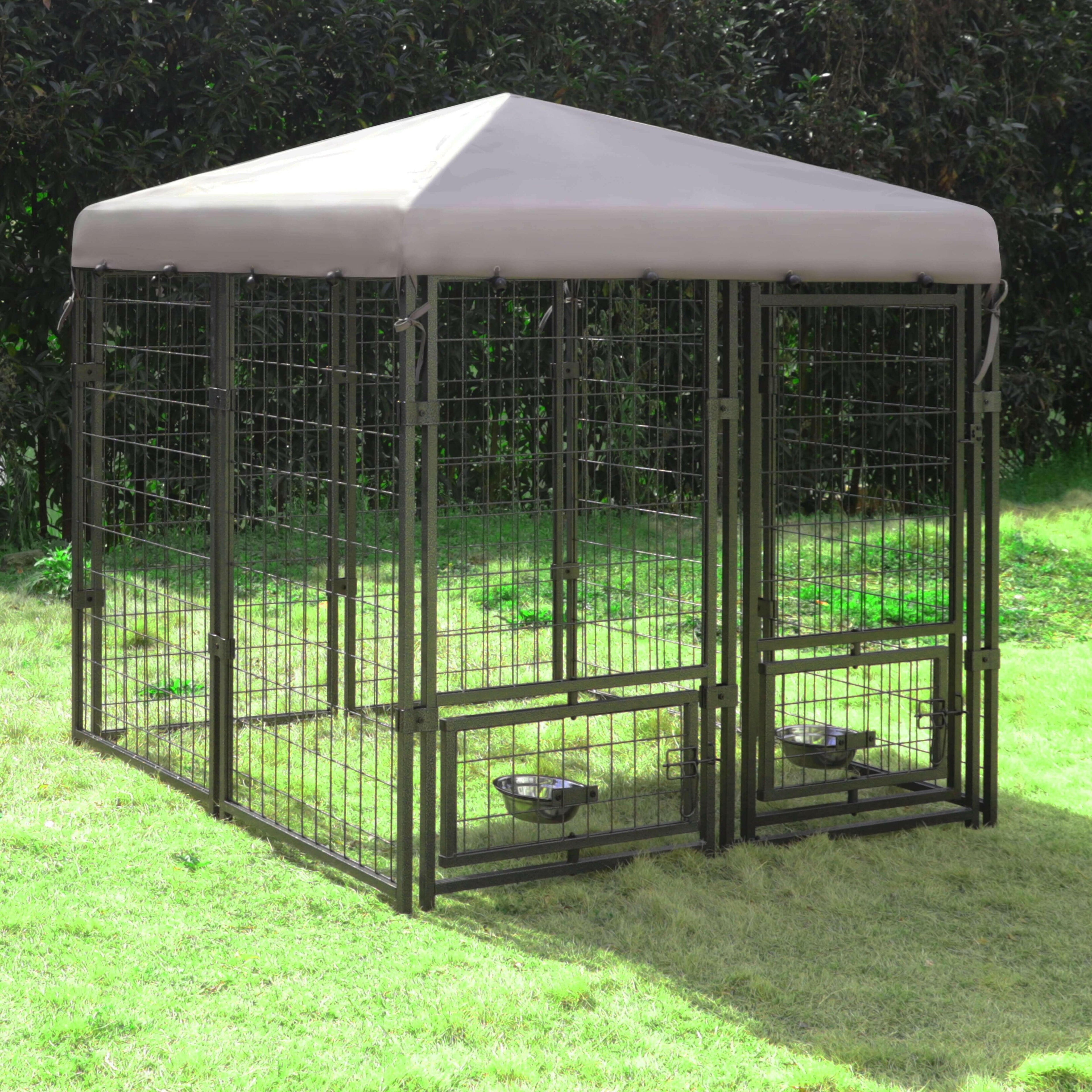 Outdoor Dog Kennel, Metal Large Dog Crates W/Canopy & 2 Rotating Feeding Doors, 4.5&