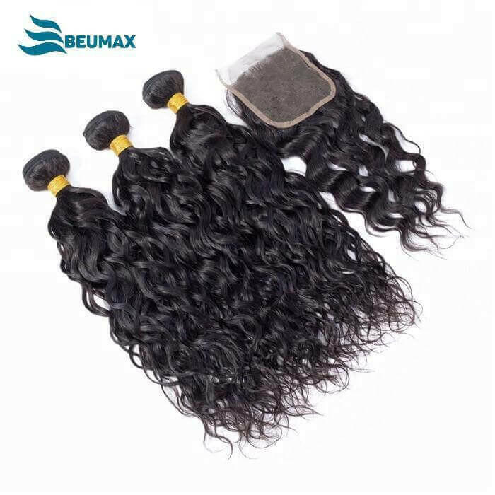 10A Grade 3/4 Water Wave Human Hair bundles with 4x4 Closures & 13x4