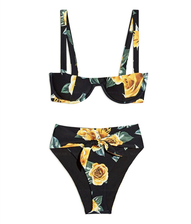 Stylish Floral Print High-Waisted Bikini Swimsuit