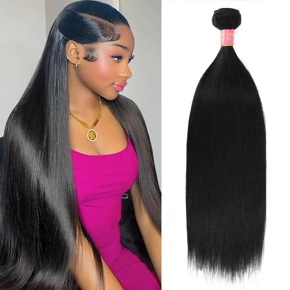 Straight Human Hair Bundle – 32 Inches, Natural Black