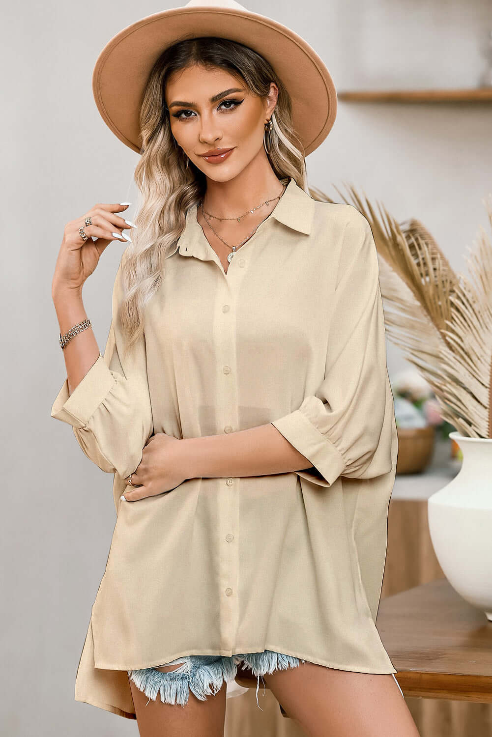 Solid 3/4 Puff Sleeve Oversize Shirt