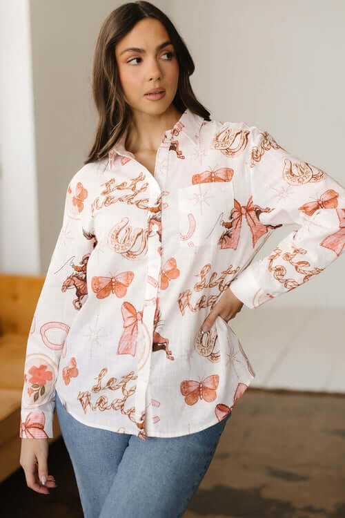 Western Rodeo Cowgirl Buttoned Long Sleeve Shirt