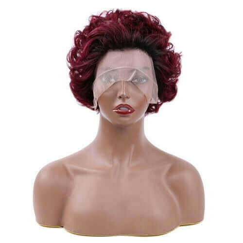 Ombre Short Pixie Cut 13x4x1 T Lace Front Curly Human Hair Wigs 8 Inch