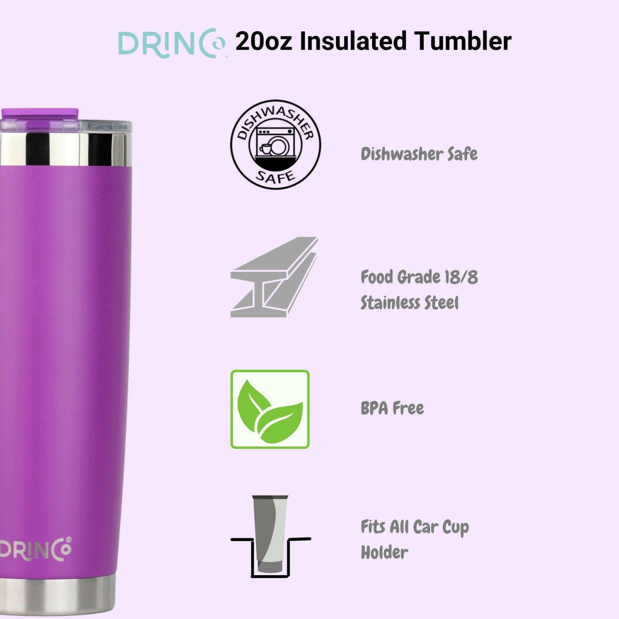 DRINCO® 20oz Insulated Tumbler w/Spill Proof Lid, 2 Straws(Purple)