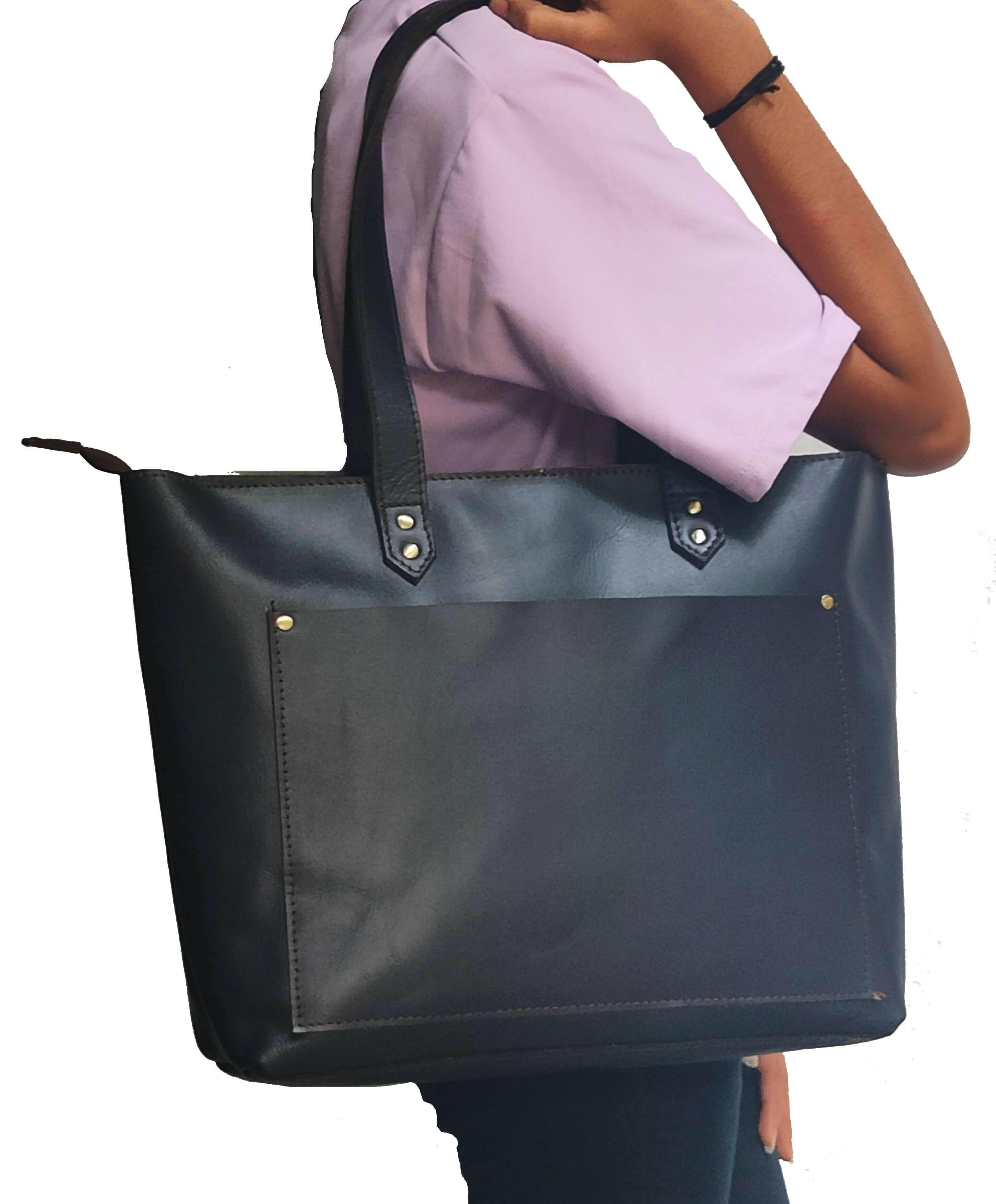 Genuine Leather Tote Bag with Zipper for Women