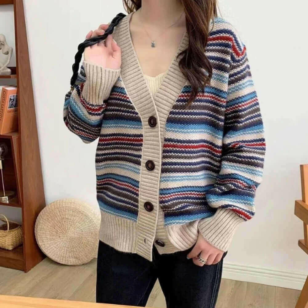 Womens Button Down Striped Cardigan