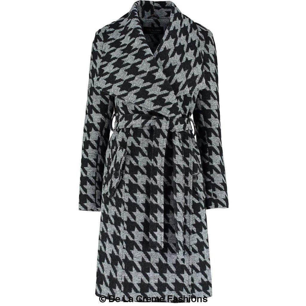 De La Creme - Womens Dogtooth Grey Duster Coat