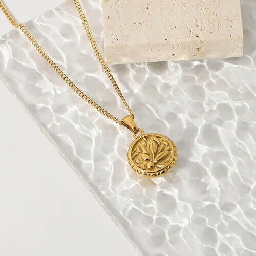 18k Gold Plated 316l Stainless Steel Flower Coin Pendant Medallion