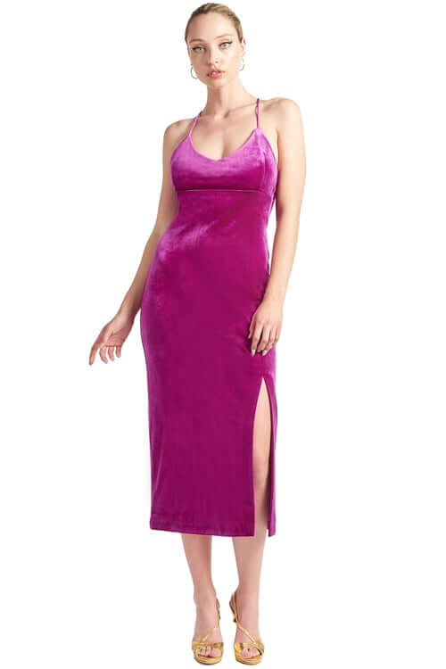 Elle Magenta Velvet Long Slip Dress - Front Thigh Slit, Low Criss