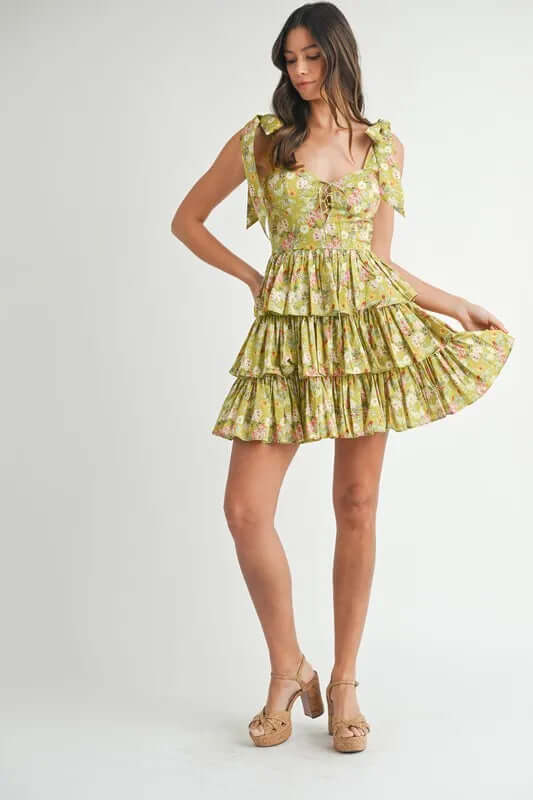 MABLE Floral Print Shoulder Tie Layered Mini Dress