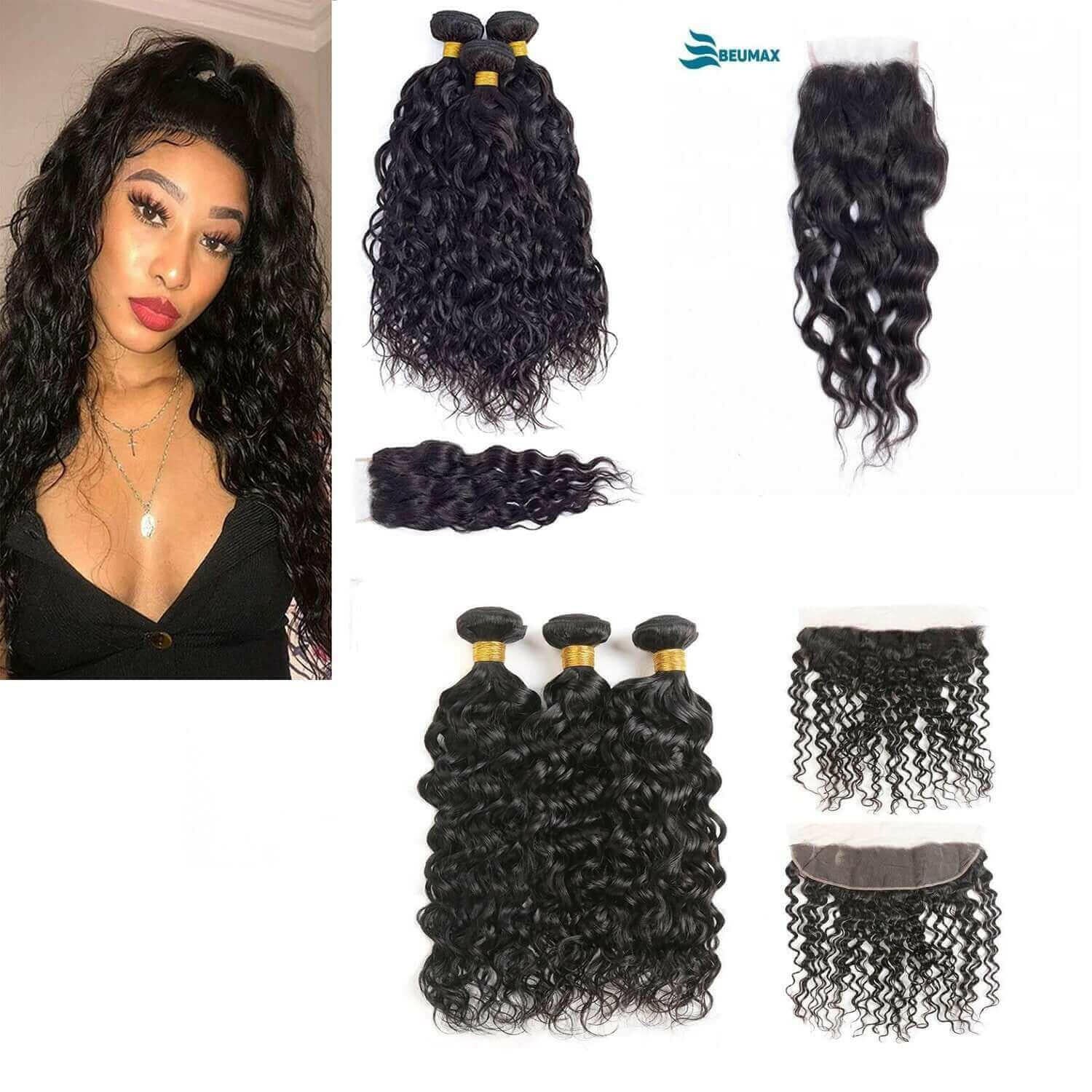 10A Grade 3/4 Water Wave Human Hair bundles with 4x4 Closures & 13x4