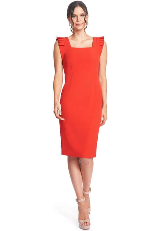 Monarch Dress - Red Midi Sheath Dress with Pleated Shoulder Detail &