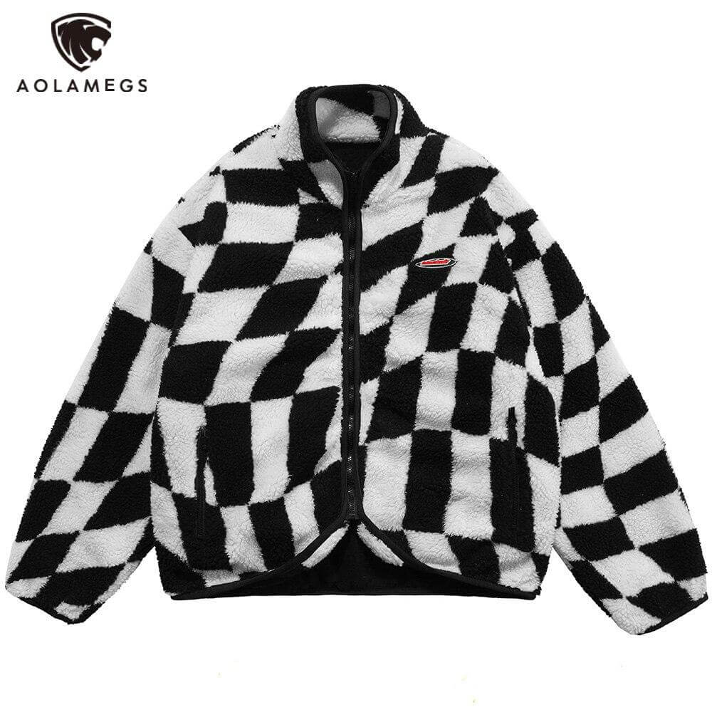 Lambswool Jacket Men Plaid Print Zipper Warm Coats Winter Soft Cozy