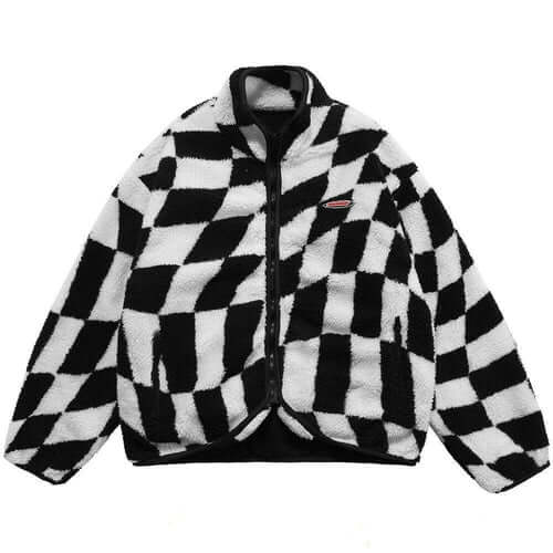 Lambswool Jacket Men Plaid Print Zipper Warm Coats Winter Soft Cozy