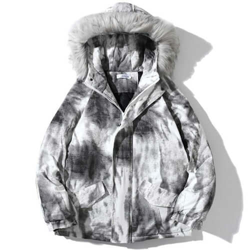 Parkas Winter Jacket Men Distressed Tie Dye Inkjet Printed Padded