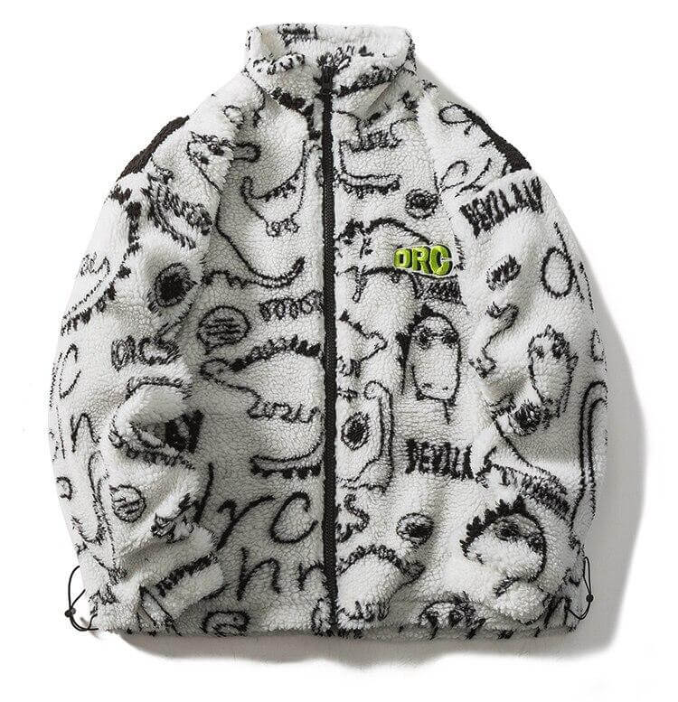 Lambswool Parkas Winter Jacket Men Dinosaur Graffiti Fuzzy Casual