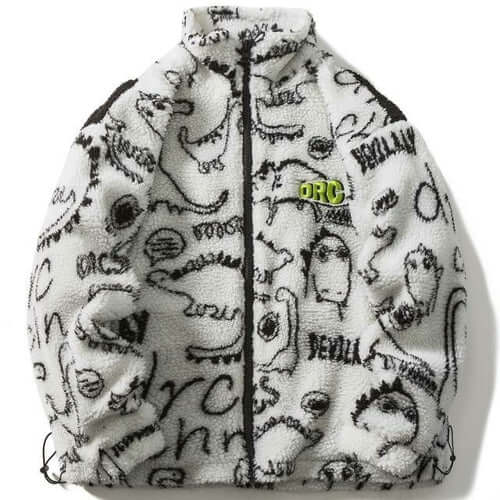 Lambswool Parkas Winter Jacket Men Dinosaur Graffiti Fuzzy Casual