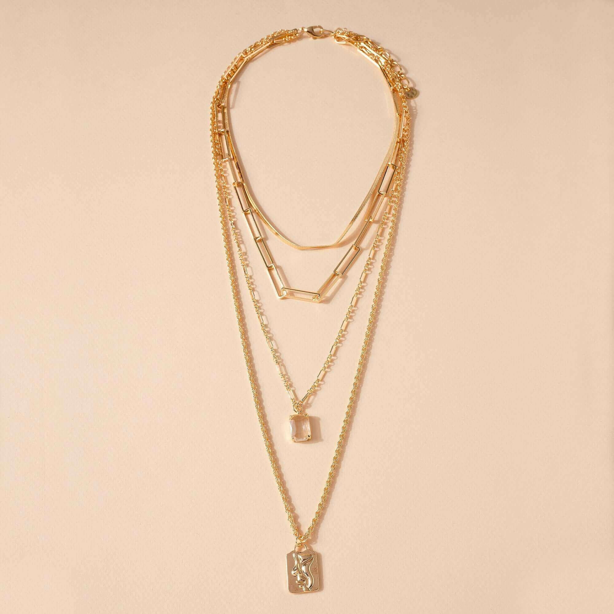 Glass Stone Coin Charm Layered Necklace