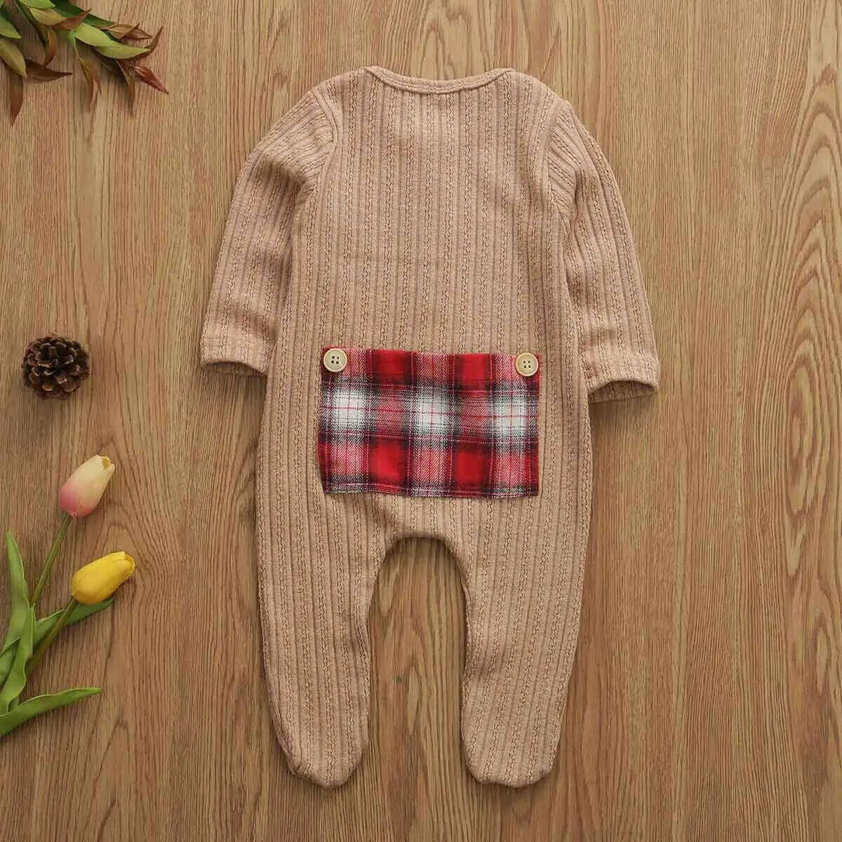 Ribbed Knit Peekaboo Panel Plaid Romper.