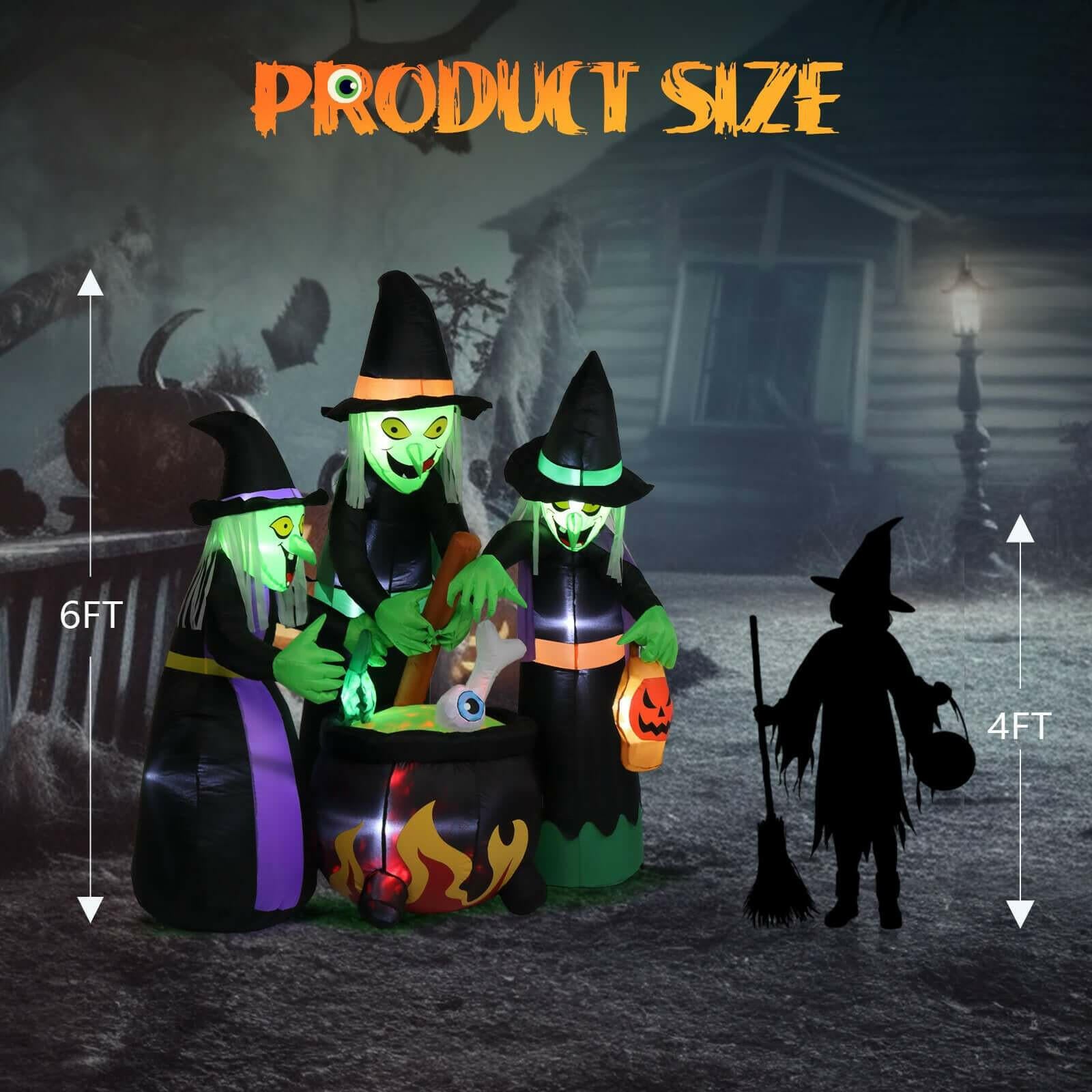 6 FT Halloween Inflatables Witches Outdoor Halloween Decoration W/ 5Pcs LED Lights