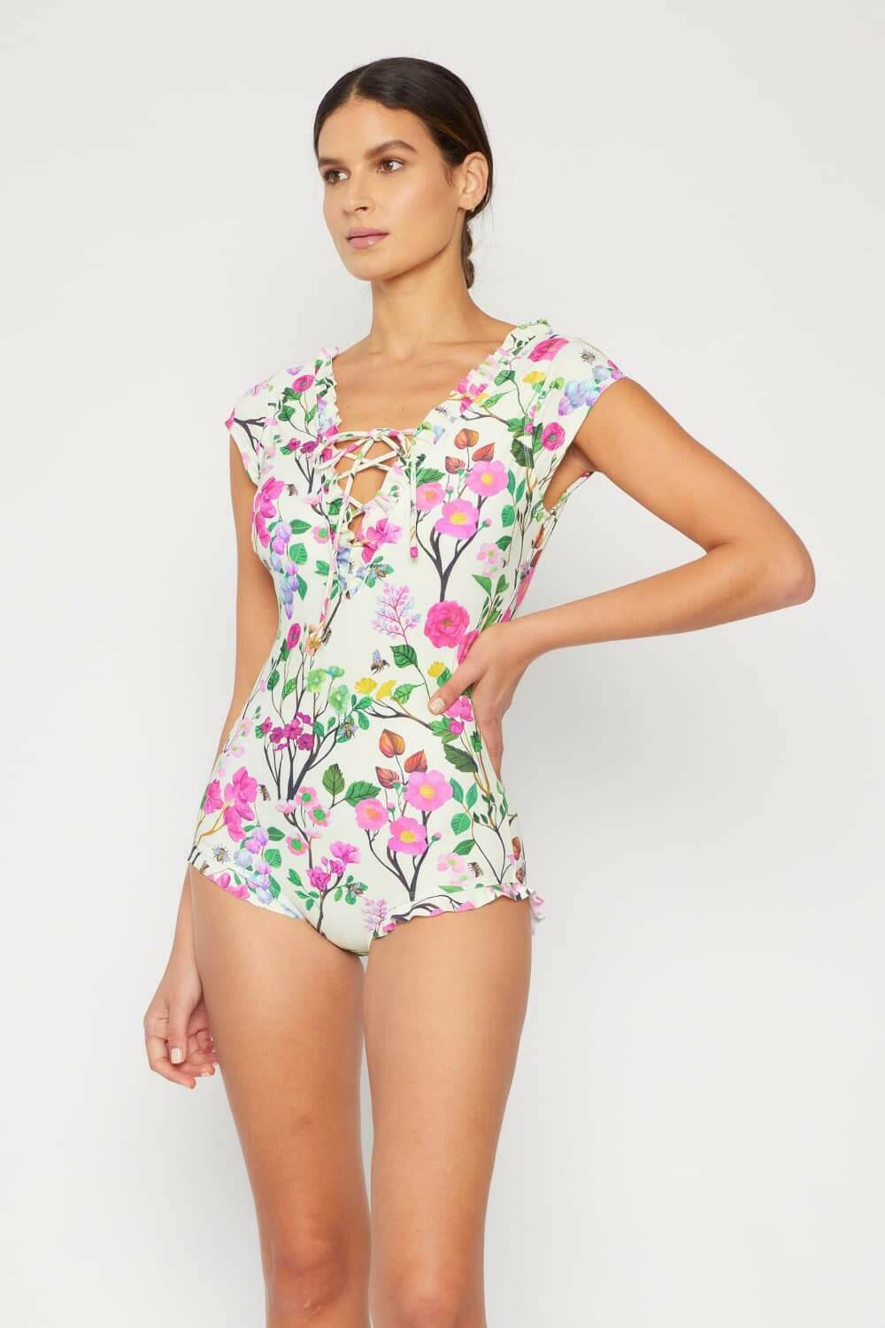 Marina West Swim Bring Me Flowers V-Neck One Piece Swimsuit Cherry