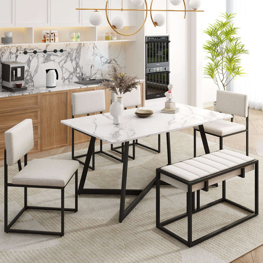 Modern Faux Marble 6-Piece Dining Table Set,60inch Metal Kitchen Table